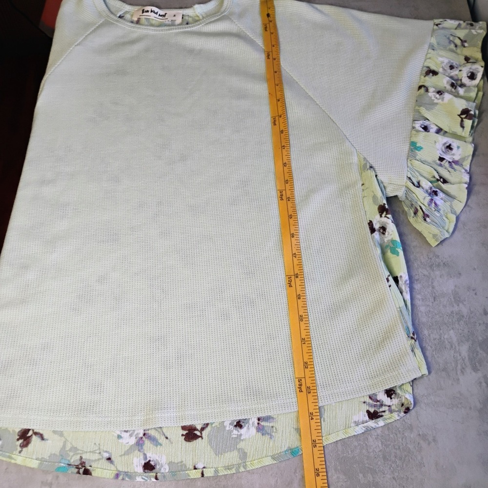 Three Bird Nest Mixed Media Top Womens S Green Waffle Knit Floral Oversized Boho - Picture 8 of 9